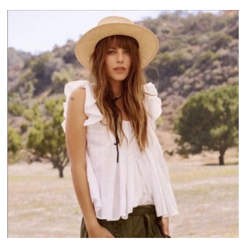 THE GREAT. | Ruffle Sleeve Pleated Top Sz 0/XS White Linen Blend Quilted Detail